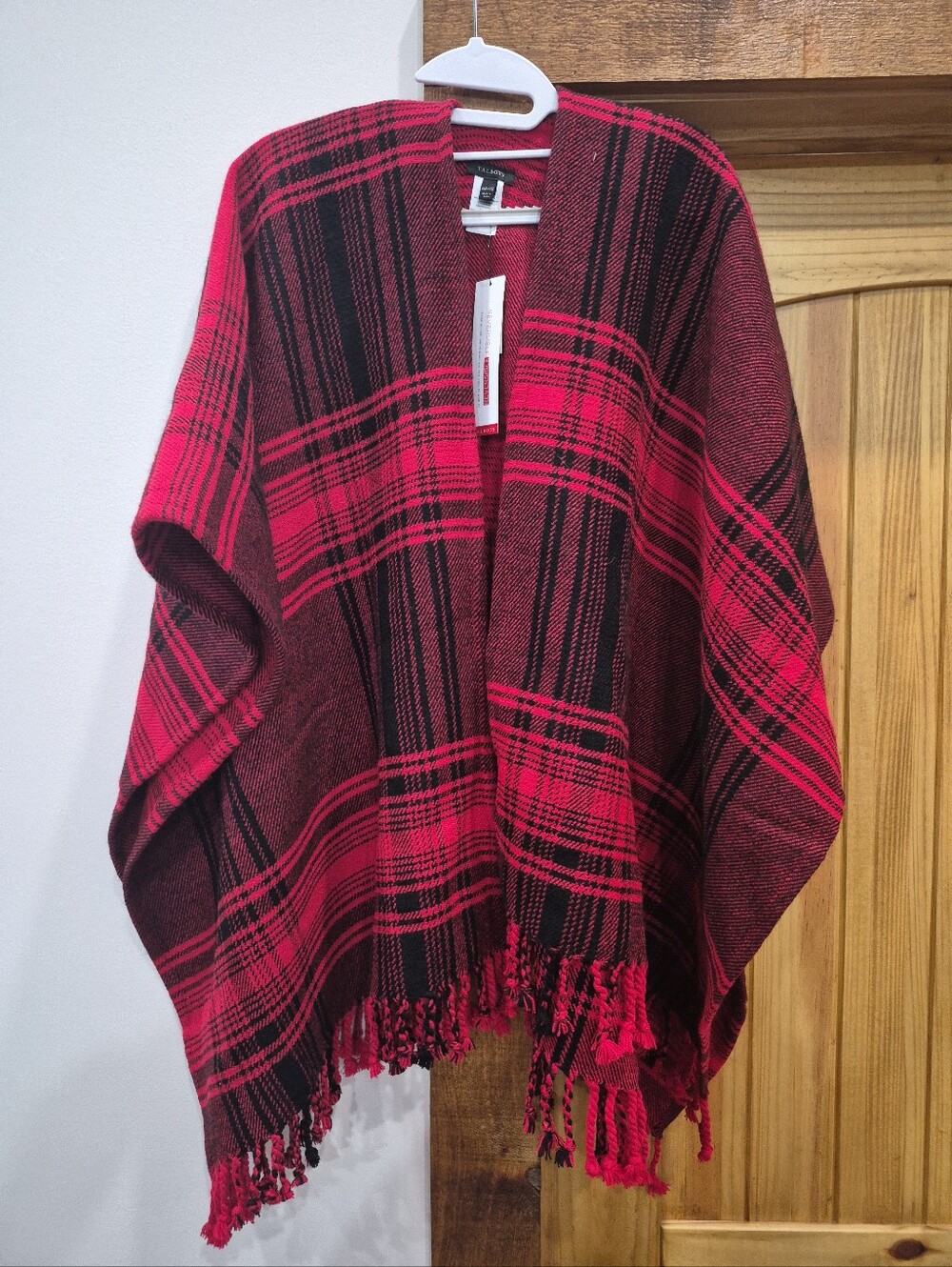 Talbots NWT Plaid Ruana Cape Wrap Poncho Shawl ONE SIZE Red Black Open Front